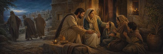 First-century households practicing mutual honor as a believer calmly aids an angry stranger